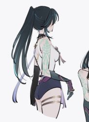 1girl arm_tattoo bare_shoulders from_behind genderswap genderswap_(mtf) genshin_impact gloves green_hair highres jewelry llz5l necklace ponytail shorts tattoo xiao_(genshin_impact)