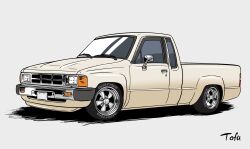 Rule 34 | artist name, from side, goodyear, grey background, highres, k.tofu, motor vehicle, no humans, original, pickup truck, shadow, toyota, toyota hilux, truck, vehicle focus