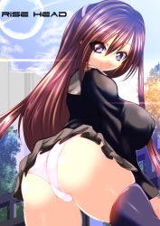 Rule 34 | 1girl, ass, azuma (farusiong), blue eyes, breasts, brown hair, covered erect nipples, curvy, fang, female focus, from behind, large breasts, long hair, looking at viewer, looking back, open mouth, original, panties, pink panties, school uniform, scrunchie, shiny clothes, shiny skin, side ponytail, sideboob, skindentation, skirt, solo, thick thighs, thighhighs, thighs, underwear, upskirt, very long hair