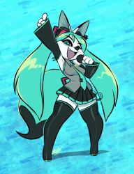 Rule 34 | 1girl, animal ears, animal nose, aqua eyes, aqua hair, aqua necktie, arm up, armpits, asymmetrical bangs, awd!, black footwear, black skirt, black sleeves, blue background, body fur, boots, breasts, commentary, detached sleeves, english commentary, fang, fox ears, fox tail, full body, furrification, furry, furry female, grey shirt, hair ribbon, hand up, hatsune miku, headphones for animal ears, holding, holding microphone, index finger raised, long hair, medium breasts, microphone, miniskirt, necktie, neon trim, one eye closed, open mouth, parted bangs, pleated skirt, ribbon, shirt, signature, simple background, skirt, sleeveless, sleeveless shirt, smile, solo, standing, straight hair, tail, thigh boots, thighhighs, twintails, very long hair, vocaloid, white fur, zettai ryouiki