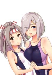 Rule 34 | 2girls, absurdres, black one-piece swimsuit, blue eyes, breast press, breasts, collarbone, competition swimsuit, cowboy shot, flat chest, flying sweatdrops, grey eyes, grey hair, hachimaki, hair ornament, hair over one eye, hairclip, hamakaze (kancolle), headband, high ponytail, highleg, highleg swimsuit, highres, holding hands, kantai collection, large breasts, long hair, looking at viewer, multiple girls, one-piece swimsuit, sarfata, short hair, simple background, swimsuit, symmetrical docking, white background, white one-piece swimsuit, zuihou (kancolle)