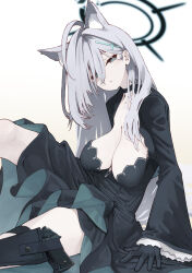 Rule 34 | 1girl, animal ear fluff, animal ears, black dress, black jacket, blue archive, blue eyes, breasts, choker, cleavage, collarbone, cropped jacket, cross hair ornament, dress, extra ears, grey hair, gun, hair ornament, halo, highres, iwasaki takashi, jacket, large breasts, long hair, long sleeves, looking at viewer, open clothes, open jacket, shiroko (blue archive), shiroko terror (blue archive), sidelocks, sitting, solo, thighs, variant set, weapon, wolf ears