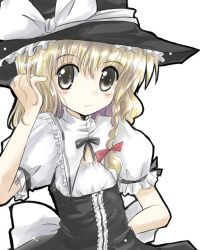 Rule 34 | 1girl, black hat, black ribbon, blonde hair, blush, bow, braid, closed mouth, eyebrows, female focus, flat chest, frilled sleeves, frills, hair bow, hand in own hair, hat, hat bow, hat ribbon, kirisame marisa, long hair, looking at viewer, puffy sleeves, red bow, ribbon, shirt, simple background, single braid, smile, solo, touhou, upper body, white background, white bow, white ribbon, white shirt, witch hat, yuugiri (artist), yuugiri (u-slash)