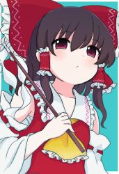 Rule 34 | 1girl, ascot, bare shoulders, black hair, blush, border, bow, brown eyes, closed mouth, collarbone, detached sleeves, gohei, hair between eyes, hair bow, hair tubes, hakurei reimu, highres, holding, japanese clothes, medium hair, nontraditional miko, red bow, rei (tonbo0430), ribbon-trimmed sleeves, ribbon trim, sidelocks, solo, touhou, upper body, white border, white sleeves, wide sleeves, yellow ascot