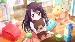 Rule 34 | 1girl, aged down, backpack, bag, bandou mikuru, book, bookshelf, brown hair, child, cup, day, dot nose, dress, film grain, flower, from above, game cg, glass door, hugging doll, hugging object, indoors, izumi tsubasu, lens flare, long hair, looking at viewer, milk, milk carton, no shoes, non-web source, official art, parted lips, pillow, pink dress, pink flower, randoseru, re:stage!, red bag, red eyes, ringed eyes, round table, rug, short sleeves, sitting, sliding doors, socks, solo, sparkle, stuffed animal, stuffed rabbit, stuffed toy, swept bangs, table, teddy bear, wariza, white sleeves, white socks, wooden floor