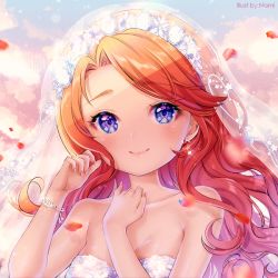 Rule 34 | 1girl, bad id, bad pixiv id, bare arms, bare shoulders, blue eyes, blue sky, blush, bridal veil, closed mouth, cloud, cloudy sky, collarbone, commission, dress, fingernails, gradient hair, hands up, long hair, looking at viewer, multicolored hair, nami (nyaa), orange hair, original, outdoors, parted bangs, petals, red hair, see-through, sky, smile, solo, strapless, strapless dress, sunset, tiara, veil, white dress