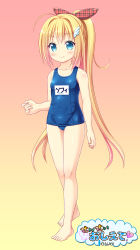 Rule 34 | 1girl, absurdres, blonde hair, blush, bow, cameltoe, gradient background, hair ornament, hairclip, highres, long hair, name tag, ohizumi daisaku, one-piece swimsuit, original, ponytail, ribbon, school swimsuit, smile, solo, swimsuit, very long hair
