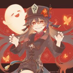 Rule 34 | 1girl, black border, black hat, black nails, black shorts, boo tao (genshin impact), border, brown hair, chinese clothes, coattails, collared coat, flower, flower-shaped pupils, genshin impact, ghost, ghost pose, hat, hat flower, hat tassel, highres, hu tao (genshin impact), open mouth, papico0154, plum blossoms, porkpie hat, red background, red eyes, shorts, solo, symbol-shaped pupils, tailcoat