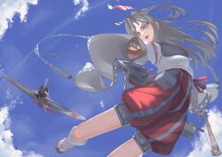 Rule 34 | 1girl, absurdres, aircraft, airplane, bow (weapon), brown eyes, commentary request, fei (feikotake), grey hair, hachimaki, hakama, hakama shorts, headband, high ponytail, highres, japanese clothes, kantai collection, long hair, muneate, ponytail, quiver, red shorts, shorts, solo, striped headband, weapon, zuihou (kancolle)