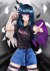 Rule 34 | 1girl, artist name, artist request, asymmetrical wings, black feathers, black legwear, black shirt, black wings, blue hair, blue pants, blush, breasts, clothes writing, feathers, female focus, hair bun, highres, long hair, looking at viewer, love live!, love live! sunshine!!, mismatched wings, nail, nail polish, pants, parted lips, pink eyes, pointing, pointing at viewer, purple eyes, purple nail polish, purple nails, purple wings, shirt, short sleeves, side bun, single hair bun, smile, solo, striped legwear, sweatdrop, teeth, tsushima yoshiko, v, white feathers, white legwear, white wings, wings