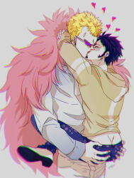 Rule 34 | 2boys, absurdres, ass, ass grab, black hair, blonde hair, blush, butt crack, carrying, carrying person, cheese neko3, closed eyes, couple, donquixote doflamingo, earrings, facial hair, feather coat, french kiss, goatee, grabbing another&#039;s ass, heart, height difference, highres, hood, hood down, hoodie, jewelry, kiss, leg lock, long sleeves, male focus, multiple boys, one piece, pants, shirt, shoes, short hair, standing, sunglasses, trafalgar law, yaoi