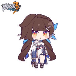 Rule 34 | 1girl, black footwear, boots, breasts, brown eyes, brown hair, chibi, china dress, chinese clothes, closed mouth, copyright name, dress, eta, hair ornament, honkai (series), honkai impact 3rd, large breasts, li sushang, li sushang (jade knight), long hair, looking at viewer, pelvic curtain, simple background, smile, solo, twintails, white background, white dress