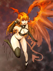Rule 34 | 1girl, asymmetrical clothes, bare shoulders, breasts, cleavage, demon girl, elbow gloves, female focus, full body, gloves, gradient background, horns, long hair, lord of vermilion, midriff, navel, open mouth, orange hair, pointy ears, red eyes, single thighhigh, single wing, smile, solo, succubus (lord of vermilion), tail, thighhighs, wings