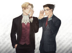 Rule 34 | 2boys, a k i, adjusting eyewear, bespectacled, black hair, blonde hair, buttons, capcom, ascot, formal, glasses, ace attorney, hand in pocket, jacket, male focus, miles edgeworth, multiple boys, phoenix wright, necktie, short hair, smile, suit, vest, watch