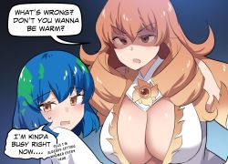 Rule 34 | 2girls, black background, blush, breasts, brown eyes, cleavage, dress, earth-chan, english text, gradient background, hair between eyes, highres, hinghoi, large breasts, merryweather, multiple girls, open mouth, original, shiny skin, shirt, speech bubble, sun-sensei, sweatdrop, upper body, white dress, white shirt