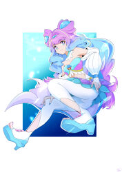 Rule 34 | 1girl, blue background, blue eyes, blue hair, blue nails, choker, colored eyelashes, commentary, cure la mer, eyelash ornament, full body, gradient hair, hair ornament, heart, heart in eye, high heels, highres, laura la mer, layered skirt, leggings, long hair, looking at viewer, magical girl, midriff, mismatched eyelashes, mochi curry, multicolored eyes, multicolored hair, nail polish, navel, pearl hair ornament, pink eyes, pink hair, precure, revision, skirt, smile, solo, symbol in eye, thick eyelashes, tropical-rouge! precure, very long hair, white background, white choker, white leggings, white sleeves