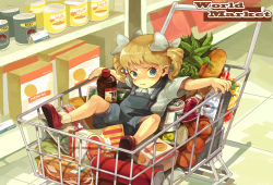 Rule 34 | 1girl, :t, apple972, bad id, bad pixiv id, blonde hair, blue eyes, bottle, bow, bread, cabbage, can, child, food, frown, fruit, hair bow, highres, holding, inzup, milk, orange (fruit), original, outstretched arms, overalls, shelf, shoes, shop, shopping, shopping cart, sitting, solo, spread arms, supermarket, twintails, vegetable