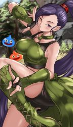 Rule 34 | 1girl, bare shoulders, black gloves, boots, breasts, collarbone, dragon quest, dragon quest xi, fighting stance, fingerless gloves, gloves, green footwear, green gloves, green shirt, hair ornament, hair scrunchie, high ponytail, highres, knee boots, large breasts, leg up, long hair, maou (maoudaisukiya), martina (dq11), midriff, o-ring, o-ring top, one eye closed, ponytail, purple eyes, purple hair, red scrunchie, scrunchie, shirt, sleeveless, sleeveless shirt, slime (dragon quest), solo, two-tone gloves, very long hair, waist cape