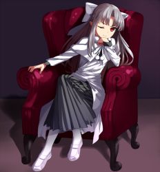 Rule 34 | 1girl, ;), apo (apos2721), bow, capelet, coat, crossed legs, floating hair, full body, fur trim, grey skirt, hair bow, half updo, head rest, highres, long hair, long skirt, long sleeves, looking at viewer, mary janes, melty blood, one eye closed, pantyhose, pleated skirt, pointy ears, purple background, red eyes, shoes, silver hair, simple background, sitting, skirt, smile, solo, tsukihime, very long hair, white bow, white capelet, white coat, white footwear, white len (tsukihime), white pantyhose, winter clothes, winter coat