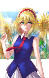Rule 34 | 1girl, adapted costume, alice margatroid, bare arms, bare shoulders, blonde hair, blue sky, blue vest, breasts, cloud, commentary request, cowboy shot, day, field, flower, flower field, frilled hairband, frills, green eyes, hair between eyes, hairband, hand up, lens flare, light rays, lolita hairband, looking at viewer, medium breasts, necktie, pleated skirt, re (re 09), red hairband, red necktie, shirt, short hair, skirt, sky, sleeveless, sleeveless shirt, smile, solo, sparkle, sunflower, sunflower field, touhou, two-tone background, vest, white background, white shirt, white skirt, wing collar