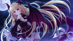 Rule 34 | 1girl, black dress, black ribbon, black sleeves, blonde hair, bow, closed mouth, cowboy shot, detached collar, detached sleeves, diadem, dragon horns, dragon tail, dragon wings, drapri guu-ta-life, dress, floating hair, frilled sleeves, frills, full moon, game cg, hair between eyes, hair ribbon, haru (drapri guu-ta-life), highres, horns, long hair, long sleeves, looking at viewer, moon, red eyes, red wings, ribbon, short dress, sky, sleeveless, sleeveless dress, smile, solo, standing, star (sky), starry sky, tail, tail bow, tail ornament, takano yuki (allegro mistic), very long hair, white bow, wide sleeves, wings