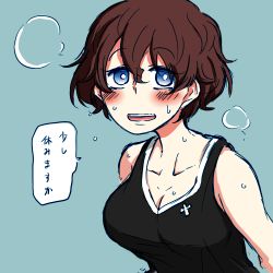 Rule 34 | 1girl, akaboshi koume, black shirt, blue eyes, blush, breasts, bright pupils, brown hair, cleavage, commentary, girls und panzer, green background, insignia, leaning forward, looking at viewer, medium breasts, noumen, open mouth, shirt, short hair, simple background, smile, solo, steam, sweat, tank top, translated, upper body, wavy mouth, white pupils
