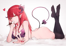 Rule 34 | 1girl, ass, black legwear, blunt bangs, bottomless, breasts, cleavage, crimson avenger (elsword), demon horns, demon tail, elesis (elsword), elsword, artistic error, feet, feet up, fingernails, food, full body, head rest, heart, highres, horns, ice cream, long fingernails, long hair, looking at viewer, lying, medium breasts, mouth hold, nail polish, on stomach, plantar flexion, red eyes, red hair, red nails, shiliuye feiyu, slit pupils, solo, tail, the pose, wrong foot, yellow eyes
