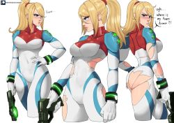 Rule 34 | 1girl, ass, blonde hair, blue eyes, blush, bodysuit, breasts, echo saber, english text, gun, high ponytail, large breasts, long hair, looking at viewer, metroid, metroid dread, mole, mole under mouth, nintendo, ponytail, samus aran, science fiction, sidelocks, simple background, skin tight, solo, torn clothes, weapon, white background, zero suit