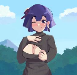 Rule 34 | 1girl, ;), absurdres, alternate costume, bernadetta von varley, black sweater, blue sky, blush, breasts, cleavage, cleavage cutout, closed mouth, clothing cutout, cloud, commentary, day, earrings, fire emblem, fire emblem: three houses, forest, highres, jewelry, large breasts, looking at viewer, meme attire, nature, nintendo, one eye closed, open-chest sweater, outdoors, purple eyes, purple hair, ribbed sweater, short hair, sky, smile, solo, sweater, tree, turtleneck, xeno (xenoglitch)