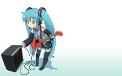 Rule 34 | 1girl, amplifier, aqua hair, blue eyes, boots, detached sleeves, guitar, hatsune miku, highres, instrument, long hair, nagian, necktie, solo, thigh boots, thighhighs, twintails, vocaloid, wallpaper