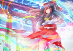 Rule 34 | 1girl, ascot, black hair, blush, bow, closed mouth, cowboy shot, detached sleeves, hair between eyes, hair bow, hair tubes, tucking hair, hakurei reimu, highres, lesshat, light particles, long hair, looking at viewer, nontraditional miko, red bow, red skirt, sidelocks, skirt, skirt set, smile, solo, torii, touhou, wide sleeves, yellow eyes