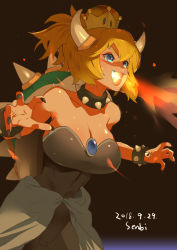Rule 34 | 1girl, armlet, bare shoulders, black collar, black dress, blonde hair, blue eyes, blush, bowsette, bracelet, breasts, cleavage, collar, crown, dress, fire, highres, horns, huge breasts, jewelry, large breasts, long hair, looking at viewer, mario (series), new super mario bros. u deluxe, nintendo, pointy ears, ponytail, sharp teeth, solo, spiked armlet, spiked bracelet, spiked collar, spiked shell, spikes, super crown, teeth, turtle shell, upper body, wide hips