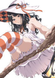 Rule 34 | 1girl, bare shoulders, black hair, bloomers, blue eyes, broom, broom riding, from below, fukuyama satoshi, hat, hat ribbon, highres, idolmaster, idolmaster shiny colors, kazano hiori, lantern, long hair, looking down, mole, mole under mouth, parted lips, ribbon, sidesaddle, simple background, sleeveless, smile, solo, striped clothes, striped thighhighs, thighhighs, translation request, underwear, white background, witch, witch hat