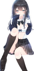 Rule 34 | 1girl, absurdres, black bow, black cardigan, black footwear, black hair, black socks, blue eyes, blush, bow, bow bra, bra, breasts, cardigan, cardigan partially removed, cleavage, clothes pull, collared shirt, hand up, highres, kneehighs, large breasts, long hair, looking at viewer, mole, mole under eye, navel, original, plaid, plaid skirt, pleated skirt, pulled by self, school uniform, shirt, shirt pull, shirt tucked in, shoes, simple background, skirt, socks, solo, tsuyuri eri, underwear, white background, white bra, white shirt