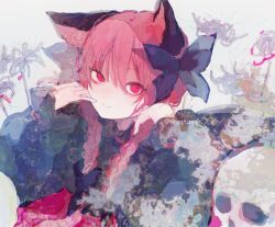 Rule 34 | 1girl, animal ears, braid, cat ears, cat girl, closed mouth, flower, highres, kaenbyou rin, kn001215, long sleeves, looking at viewer, medium hair, red eyes, red hair, side braids, skull, smile, solo, touhou, traditional media, twin braids, upper body