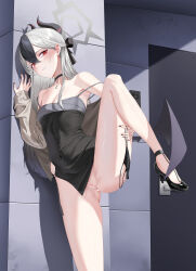 Rule 34 | 1girl, absurdres, black choker, black dress, black footwear, black hair, black horns, black nails, blue archive, bottomless, breasts, choker, commentary request, covered navel, dress, foot out of frame, grey hair, grey halo, halo, hand up, high heels, highres, holding, holding panties, holding underwear, holding unworn clothes, horns, kayoko (blue archive), kayoko (dress) (blue archive), long hair, long sleeves, macabro, off shoulder, official alternate costume, panties, parted lips, pussy, red eyes, short dress, small breasts, solo, standing, standing on one leg, strap slip, tight clothes, tight dress, underwear