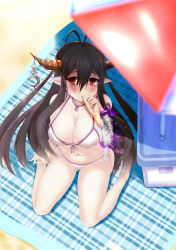 Rule 34 | 10s, 1girl, absurdres, antenna hair, bandaged arm, beach umbrella, bikini, black hair, blush, breasts, cleavage, crescent, danua, draph, covered erect nipples, from above, granblue fantasy, hair between eyes, haru (hottikisu25), highres, horn ornament, horns, jewelry, large breasts, long hair, looking at viewer, navel, necklace, pointy ears, red eyes, sitting, solo, swimsuit, thumb sucking, umbrella, wariza, white bikini