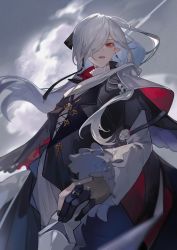 Rule 34 | 1girl, albino, arknights, black cape, black coat, black gloves, black nails, cape, coat, cowboy shot, earrings, female focus, flower, frilled sleeves, frills, gladiia (arknights), gladiia (return) (arknights), gloves, hair over one eye, highres, holding, jewelry, lapels, lipstick, long sleeves, looking at viewer, makeup, nail polish, notched lapels, official alternate costume, parted lips, partially fingerless gloves, pointy ears, red eyes, rose, solo, white flower, white hair, white rose, yeyuzhangfeng