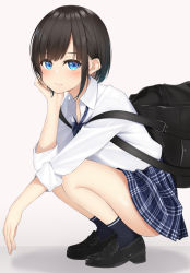 Rule 34 | 1girl, bag, black footwear, black hair, blue eyes, blue skirt, blue socks, bob cut, bow, bowtie, closed mouth, collared shirt, commentary request, duffel bag, from side, frown, hand up, head rest, highres, loafers, looking at viewer, looking to the side, miniskirt, mottsun (i 40y), original, plaid, plaid skirt, school bag, school uniform, shadow, shirt, shirt tucked in, shoes, short hair, sidelocks, skirt, socks, solo, squatting, thighs, white shirt