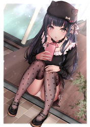 Rule 34 | 1girl, animal ears, animal hat, black hair, blunt bangs, blush, border, bow, breasts, brown eyes, brown thighhighs, cellphone, earrings, fake animal ears, full body, hair ribbon, hands on own knees, hat, hat bow, heart, heart earrings, highres, holding, holding phone, idolmaster, idolmaster shiny colors, jewelry, knees together feet apart, long hair, long sleeves, looking at viewer, mayuzumi fuyuko, monaka curl, open mouth, panties, pantyshot, pearl earrings, phone, polka dot, polka dot legwear, ribbon, sitting, small breasts, smartphone, solo, squatting, thighhighs, underwear, wariza, white border, white panties