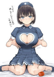 Rule 34 | 1girl, ai-chan (tawawa), blue dress, blue eyes, blue footwear, blue hat, braid, breasts, brown hair, cleavage, cleavage cutout, closed mouth, clothing cutout, commentary request, dress, getsuyoubi no tawawa, hat, heart cutout, highres, kaedeko (kaedelic), large breasts, looking at viewer, lube bottle, nurse, nurse cap, paizuri invitation, revision, shoes, short hair, short sleeves, simple background, sitting, smile, solo, split mouth, thighs, translation request, white background