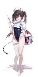 1girl :d absurdres bandaid bandaid_on_knee bandaid_on_leg black_hair black_leotard blush clipboard cropped_shirt demon_tail demon_wings fangs full_body hair_ornament hat heart_o-ring highres holding holding_clipboard holding_syringe id_card leotard long_hair mole mole_under_eye nurse_cap o-ring o-ring_thigh_strap open_mouth original pink_eyes riko_(rik0ring) shirt short_sleeves simple_background single_bare_leg single_thighhigh skin_fangs smile solo sweatdrop syringe tail thigh_strap thighhighs twintails white_background white_hat white_shirt white_thighhighs wings wrist_cuffs x_hair_ornament