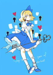 Rule 34 | 1girl, aged down, alice margatroid, alice margatroid (pc-98), blonde hair, blue background, blue bow, blue footwear, blue hair, blue skirt, bow, breasts, closed mouth, collared shirt, commentary, english commentary, english text, frilled skirt, frills, full body, hair bow, happy, highres, holding, holding key, key, mary janes, mixed-language commentary, puffy short sleeves, puffy sleeves, shirt, shoes, short sleeves, simple background, skirt, small breasts, smile, socks, standing, suspender skirt, suspenders, touhou, touhou (pc-98), white shirt, white socks, yellow eyes, yorktown cv-5