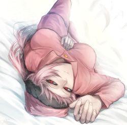 Rule 34 | 1girl, bed, bed sheet, blush, braid, fate/grand order, fate (series), feathers, florence nightingale (fate), joki yoh, long sleeves, looking at viewer, lying, on bed, pajamas, pink hair, red eyes, single braid