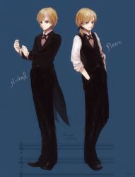 Rule 34 | 2boys, blonde hair, blue eyes, bow, bowtie, brothers, character name, chloe no requiem, copyright name, formal, hands in pockets, michel d&#039;alembert, multiple boys, aged up, pierre d&#039;alembert, ponytail, short hair, siblings, smile, suit, twins, vest