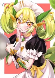 Rule 34 | 1girl, absurdres, apron, blush, breasts, dragon girl, dragon horns, dragon tail, duel monster, green hair, highres, holding, holding tray, horns, large breasts, long hair, looking at viewer, maid, maid apron, maid headdress, nbuuz, parlor dragonmaid, puffy sleeves, short sleeves, solo, tail, tray, yellow eyes, yu-gi-oh!