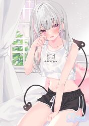 Rule 34 | 1girl, asumi sena, bare legs, bare shoulders, black shorts, blush, commentary request, crop top, demon tail, indoors, long hair, looking at viewer, midriff, moizumi shipon, multicolored hair, navel, on bed, red eyes, shirt, short shorts, shorts, sleeveless, sleeveless shirt, solo, tail, tank top, tears, twintails, virtual youtuber, vspo!, white hair