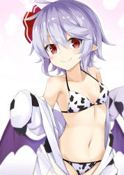 1girl, ahoge, akisome hatsuka, alternate costume, animal costume, animal print, bangs, bare shoulders, bat wings, bikini, blush, breasts, chinese zodiac, closed mouth, collarbone, cow costume, cow print, eyebrows visible through hair, fang, groin, hair between eyes, hair ribbon, light purple hair, looking at viewer, navel, pink background, pointy ears, red eyes, red ribbon, remilia scarlet, ribbon, short hair, simple background, skin fang, small breasts, smile, solo, stomach, swimsuit, touhou, undressing, upper body, white background, wings, year of the ox