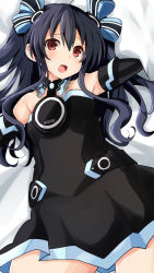 Rule 34 | 1girl, armpits, arms up, bare shoulders, bed, black dress, black gloves, black hair, blush, breasts, cowboy shot, dress, elbow gloves, embarrassed, gloves, hair ornament, hair ribbon, hairclip, iwashi dorobou -r-, looking at viewer, lying, nepnep connect: chaos chanpuru, neptune (series), on back, on bed, open mouth, outstretched arms, red eyes, ribbon, surprised, small breasts, solo, surprised, teeth, tsundere, two side up, uni (neptunia), upper teeth only