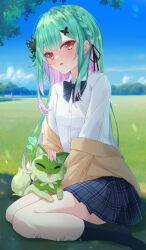 Rule 34 | 1girl, animal ears, aqua hair, black socks, blue sky, blurry, blurry background, bow, bowtie, breasts, bug, butterfly, butterfly hair ornament, cat ears, closed eyes, cloud, collared shirt, colored inner hair, commentary request, creatures (company), day, dress shirt, game freak, grass, hair between eyes, hair ornament, hand on another&#039;s head, heart, highres, hololive, insect, jacket, jacket partially removed, kneeling, kurono yuzuko, long hair, long sleeves, looking at viewer, multicolored hair, nintendo, on grass, on ground, outdoors, park, petting, pink hair, plaid, plaid bow, plaid bowtie, plaid skirt, pleated skirt, pokemon, pokemon (creature), pokemon sv, red eyes, school uniform, shirt, shoes, sidelocks, skirt, sky, small breasts, socks, sprigatito, thighs, tsurime, two-tone hair, uruha rushia, uruha rushia (school uniform), virtual youtuber, white shirt